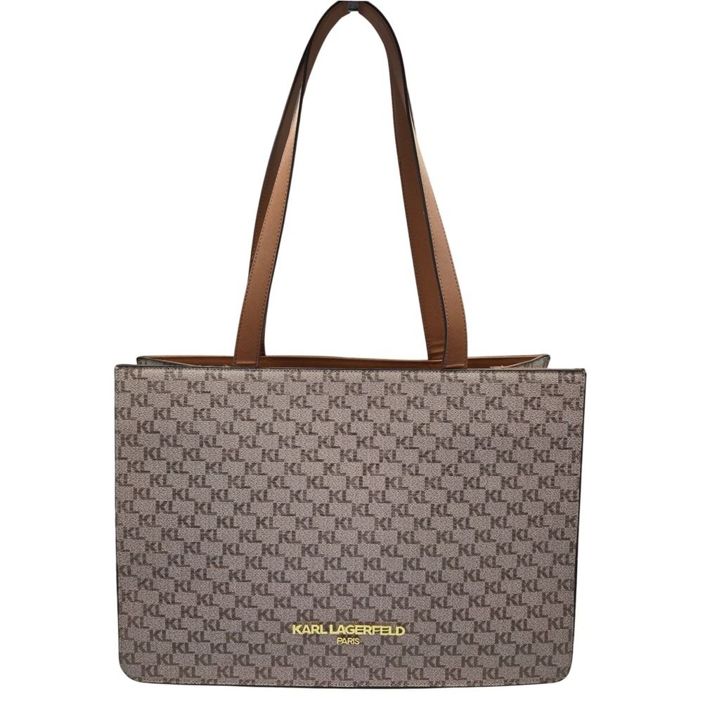 Karl Lagerfeld Paris Monogram Tote‎ Bag Brown Tan Leather Trim